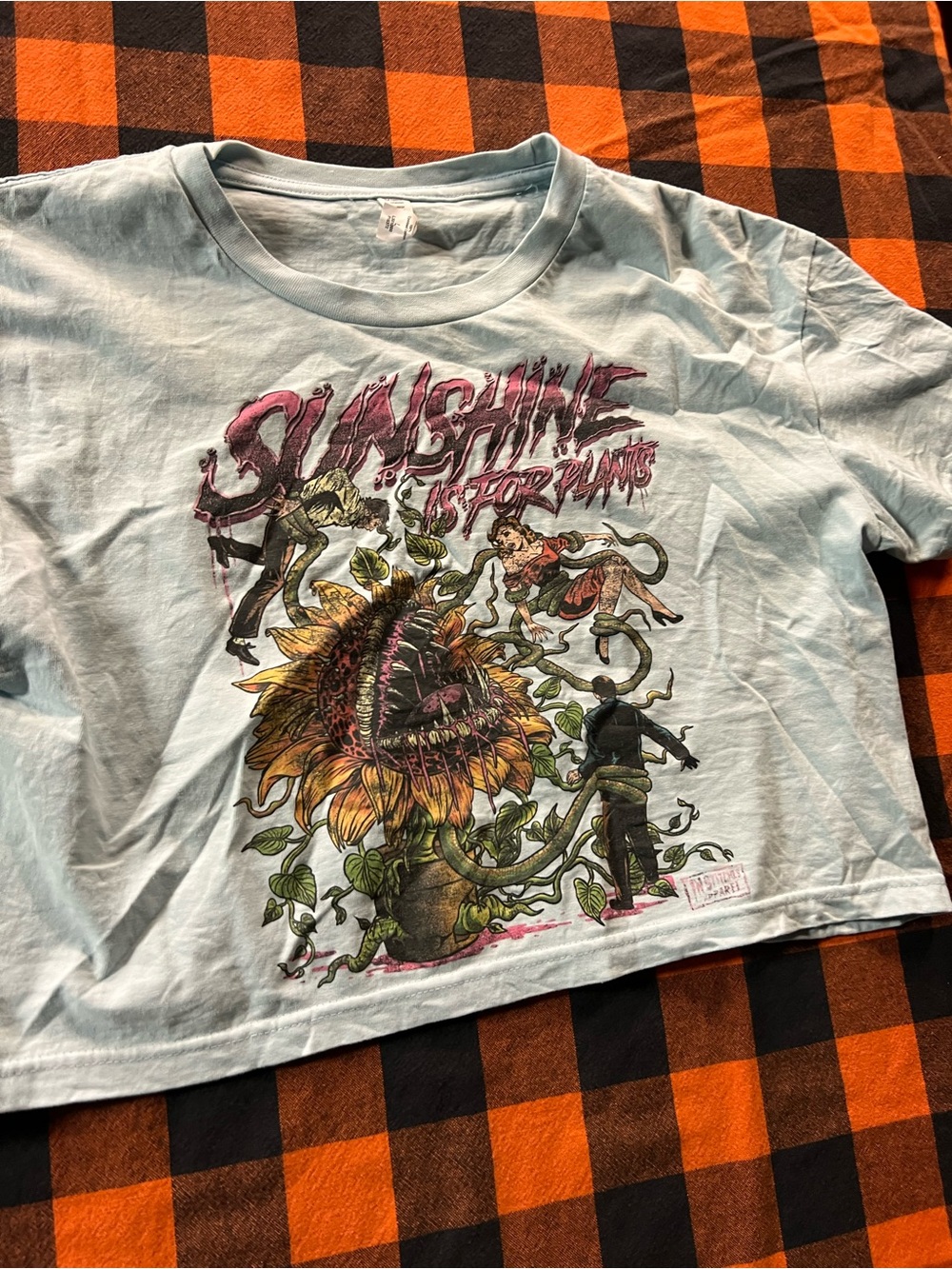 Light Blue Graphic Crop Tee with Sunflower Monster Print